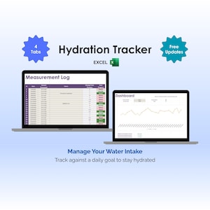 Rastreador de hidratación - Excel - Registro diario de consumo de agua y administrador para mantenerse hidratado - Panel automatizado para seguir el progreso