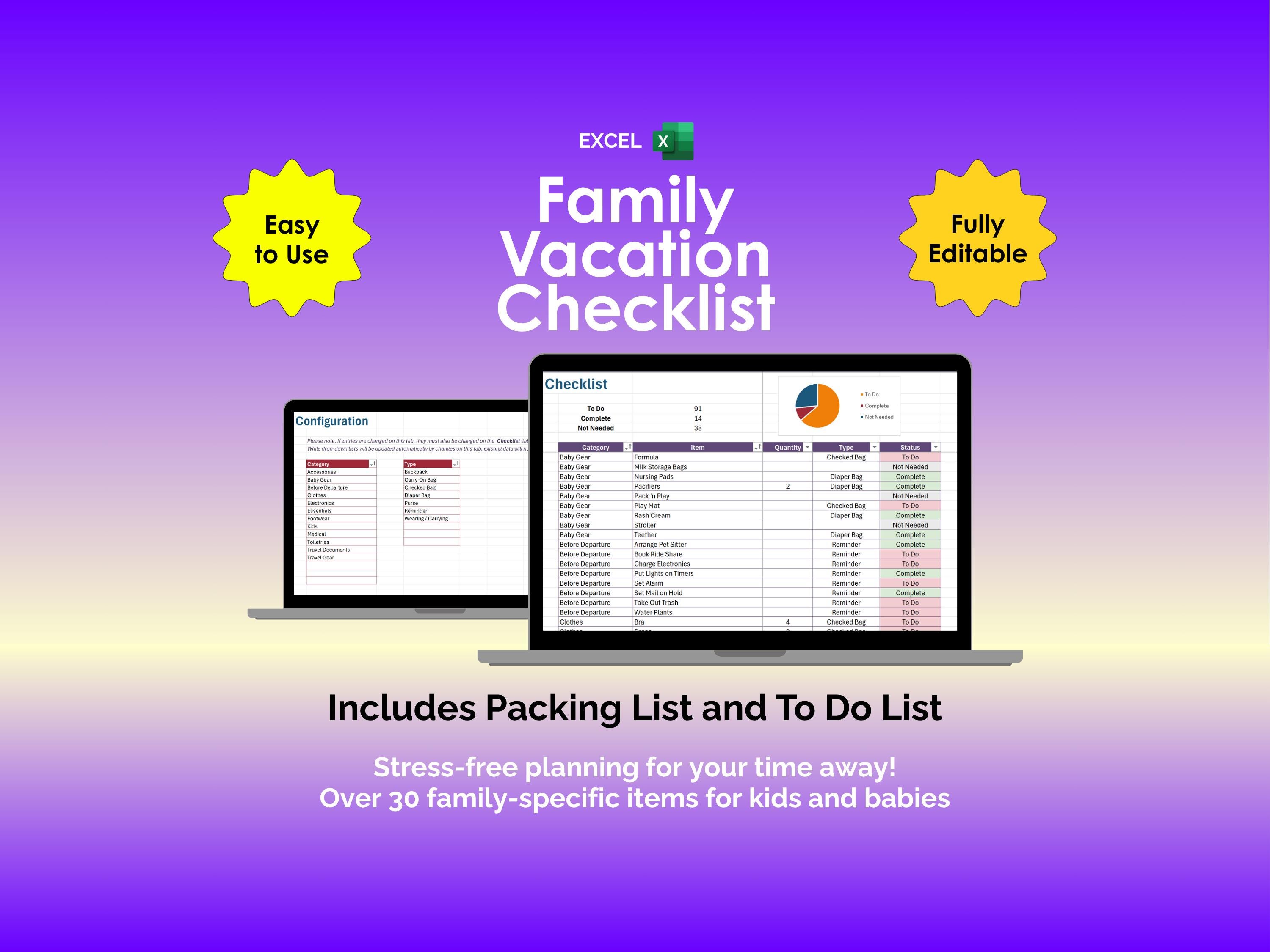 Family Vacation Packing List Excel Spreadsheet Template Travel ...