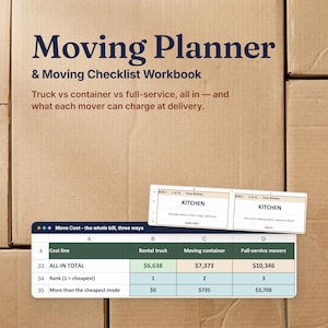 May include: A Moving Planner & Moving Checklist Workbook with text detailing truck, container, and full-service moving costs. It includes a table comparing expenses for rental trucks, containers, and full-service movers, plus two kitchen box labels.