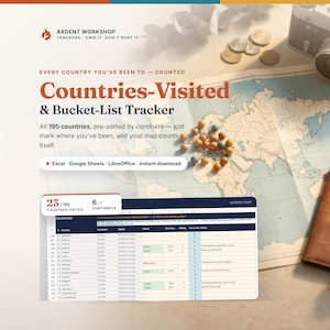 Pode incluir: Um rastreador digital de países visitados e lista de desejos da Ardent Workshop. O gráfico mostra um mapa-múndi com pinos, uma interface de planilha indicando 23 de 195 países visitados e compatibilidade com Excel, Google Sheets e LibreOffice.
