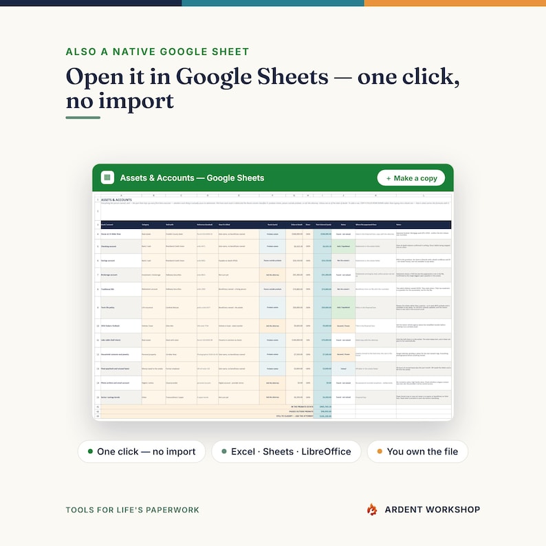 May include: A digital spreadsheet interface titled Assets & Accounts in Google Sheets. The text reads: Also a native Google Sheet, Open it in Google Sheets &mdash; one click, no import, One click &mdash; no import, Excel &middot; Sheets &middot; LibreOffice, You own the file, Tools for life's paperwork, and Ardent Workshop.