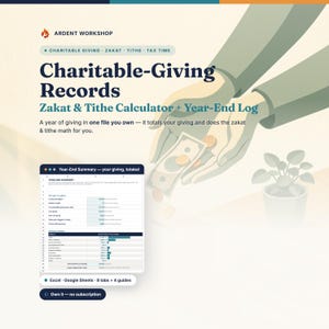 Charitable Giving & Donation Tracker, Zakat and Tithe Calculator, Tax Year-End Giving Log Spreadsheet, Excel, Google Sheets