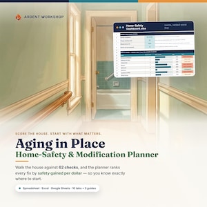 Aging in Place Home Safety Assessment & Modification Planner, 62-Point Room by Room Fall Prevention Checklist, Excel Google Sheets