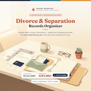 May include: A digital records organizer for divorce and separation featuring the text Ardent Workshop, Divorce & Separation Records Organizer, and totals of $445,200 in assets and $284,800 in debts. Includes a binder, documents, and a mug.