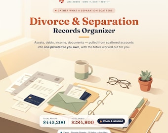 May include: A digital records organizer for divorce and separation featuring the text Ardent Workshop, Divorce & Separation Records Organizer, and totals of $445,200 in assets and $284,800 in debts. Includes a binder, documents, and a mug.