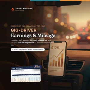 Peut inclure: Un produit de feuille de calcul numérique pour chauffeurs de gig intitulé Gig-Driver Earnings & Mileage par Ardent Workshop. L'image montre un smartphone sur un support de voiture affichant un graphique à barres et le texte $125, avec un aperçu du fichier Shift Log.xlsx.