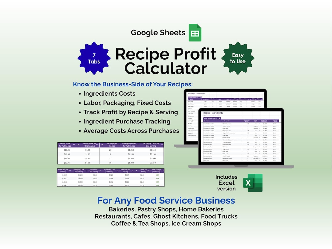 Recipe Cost Calculator Food Cost Spreadsheet Bakery Cafe Pricing Tool ...