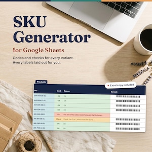 Op de afbeelding: Een SKU-generator voor Google Sheets weergegeven op een scherm, met een tabel met kolommen voor SKU, Check, Reason en Barcode. De tekst luidt SKU Generator for Google Sheets, Codes and checks for every variant, Avery labels laid out for you en Excel copy included.