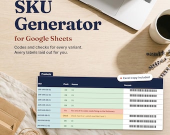 Może przedstawiać: Generator SKU dla Google Sheets wyświetlony na ekranie, zawierający tabelę z kolumnami SKU, Check, Reason i Barcode. Tekst zawiera SKU Generator for Google Sheets, Codes and checks for every variant, Avery labels laid out for you oraz Excel copy included.