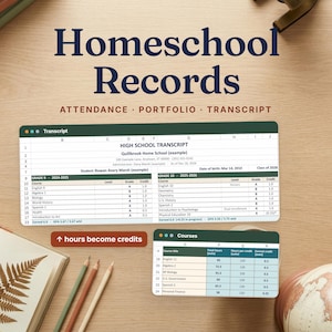 May include: A digital homeschool records template featuring a high school transcript and course tracker. The document includes fields for student information, grades, credits, and hours. Text reads Homeschool Records, Attendance, Portfolio, Transcript, and hours become credits.
