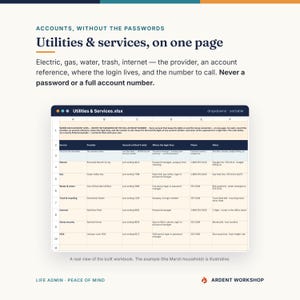 K&ouml;nnte beinhalten: Eine digitale Tabellenkalkulation mit dem Titel Utilities & Services.xlsx, die Spalten f&uuml;r Dienst, Anbieter, Kontoreferenz, Anmeldeort, Telefon und Notizen enth&auml;lt und Haushaltsinformationen ohne Passw&ouml;rter oder vollst&auml;ndige Kontonummern &uuml;bersichtlich darstellt.