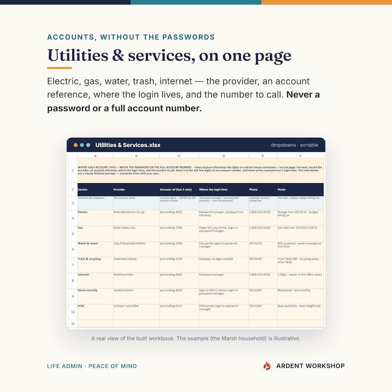 K&ouml;nnte beinhalten: Eine digitale Tabellenkalkulation mit dem Titel Utilities & Services.xlsx, die Spalten f&uuml;r Dienst, Anbieter, Kontoreferenz, Anmeldeort, Telefon und Notizen enth&auml;lt und Haushaltsinformationen ohne Passw&ouml;rter oder vollst&auml;ndige Kontonummern &uuml;bersichtlich darstellt.