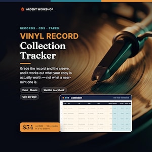 May include: A digital vinyl record collection tracker spreadsheet template by Ardent Workshop. The graphic features a turntable needle on a record, text detailing features like Excel and Sheets compatibility, and a preview of the collection workbook.