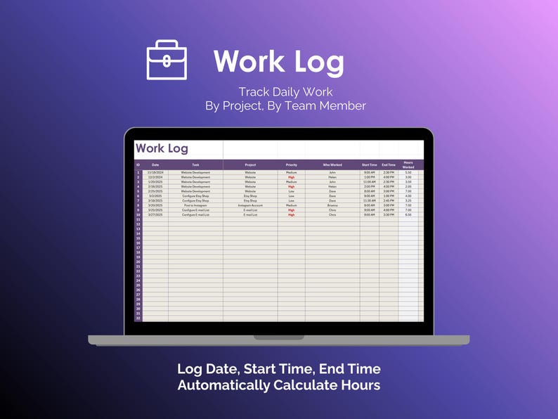 Time Tracker - Excel - Work Log - Track Daily Work - Log Tasks by Project, by Priority, by Team Members - Automatically Calculate Hours