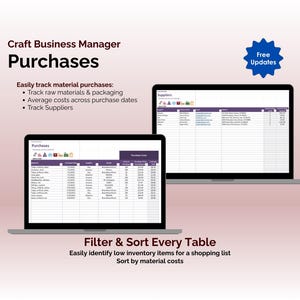 Craft Business Manager - Excel - Purchases - Filter & Sort Every Table, Easily identify low inventory items for a shopping list, Sort by material costs, Track suppliers