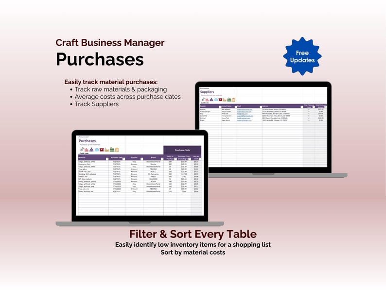 Craft Business Manager - Excel - Purchases - Filter & Sort Every Table, Easily identify low inventory items for a shopping list, Sort by material costs, Track suppliers