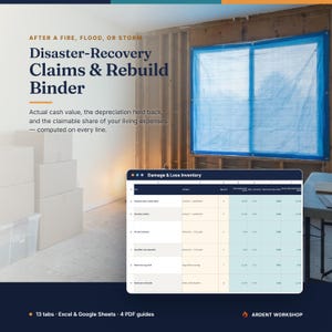 May include: A digital disaster-recovery claims and rebuild binder template featuring a damage and loss inventory spreadsheet. The text reads: After a fire, flood, or storm, Disaster-Recovery Claims & Rebuild Binder, 13 tabs, Excel & Google Sheets, 4 PDF guides.