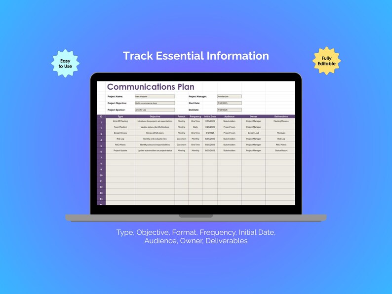 Communications Plan - Excel - Project Management Tool, PMBOK Template ...