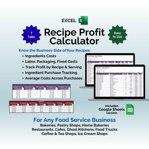 May include: An image promoting a Recipe Profit Calculator for food service businesses. The graphic includes the text "Recipe Profit Calculator" and lists features like ingredient costs and profit tracking. Two laptops display the calculator interface. The image also includes the text "For Any Food Service Business".
