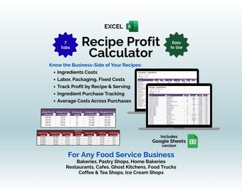 Recipe Cost Profit Calculator, Baking Ingredient Spreadsheet Home Baker Cake Costing Template Bakery Food Costs Excel Baking Pricing Tool