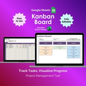 Könnte beinhalten: Zwei Laptops zeigen ein Kanban-Board-Projektmanagement-Tool. Der Text auf dem Bildschirm zeigt die Spalten "To Do", "In Progress" und "Complete". Das Bild enthält auch den Text "Easy to Use", "Fully Editable" und "Track Tasks, Visualize Progress".