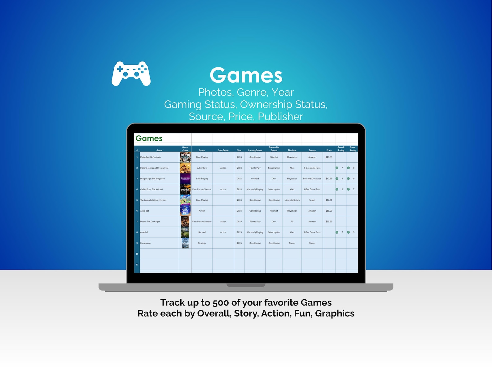 Video Game Tracker Spreadsheet Excel Gaming Log Game Wishlist Digital ...