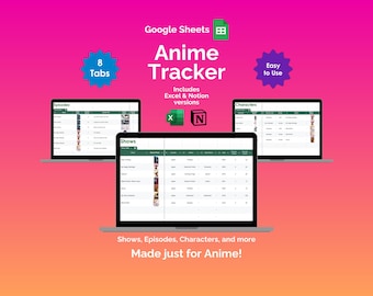 May include: An image of three laptops displaying an Anime Tracker spreadsheet. The laptops are set against a gradient pink and orange background. The tracker includes Excel and Notion versions, with 8 tabs and is easy to use.