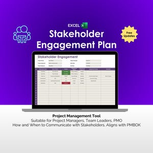 以下が含まれることがあります： 「Stakeholder Engagement Plan」というタイトルのExcelスプレッドシートが表示されたラップトップ。画面には、プロジェクトの詳細を入力するフィールドがあるプロジェクト管理ツールが表示されています。下部のテキストは「Project Management Tool」と表示されています。背景は紫です。