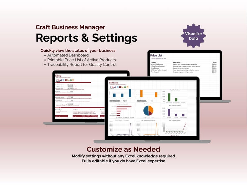 Craft Business Manager - Excel - Reports & Settings - Customize as Needed, Modify settings without any Excel knowledge required, Fully editable if you do have Excel expertise