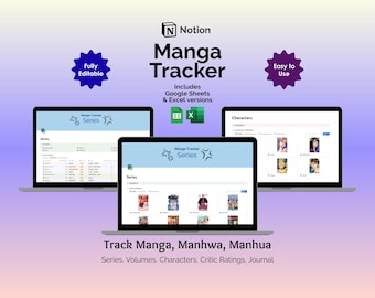 May include: Three laptops displaying a "Manga Tracker" interface, with the text "Manga Tracker" and "Track Manga, Manhwa, Manhua". The interface includes Google Sheets and Excel versions. The design is on a gradient purple background.