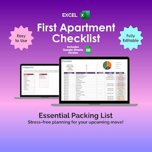 May include: A digital checklist for a first apartment, displayed on two laptops. The checklist includes an Excel logo and the text "First Apartment Checklist" and "Essential Packing List". The background is a gradient of purple and pink.