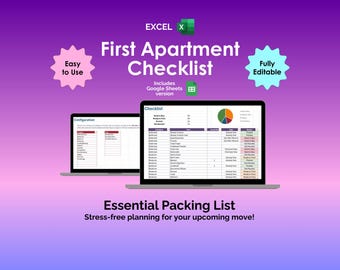 First Apartment Checklist Excel Spreadsheet Template New Home Move In Essentials Planner Packing List Couples First Home Rental Furniture