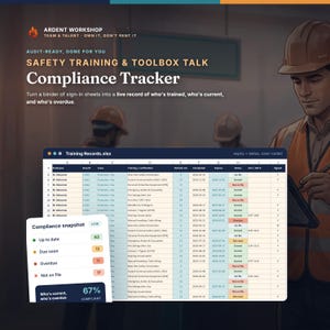 May include: A digital safety training and toolbox talk compliance tracker spreadsheet. The interface displays employee training records, certification status, and a compliance snapshot with color-coded metrics for up-to-date, due soon, overdue, and not on file records.