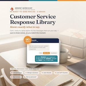 Może przedstawiać: Produkt cyfrowy zatytułowany Customer Service Response Library od Ardent Workshop, zawierający 90 gotowych odpowiedzi w trzech tonach. Grafika przedstawia przykładowy interfejs wiadomości do obsługi reklamacji klientów.