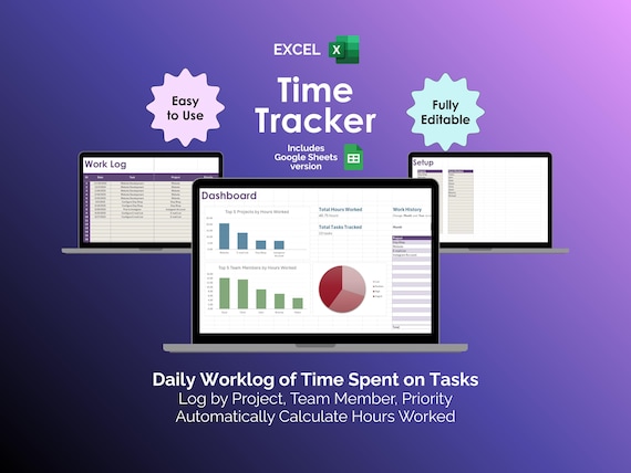 Time Tracking Spreadsheet Excel Template Employee Timesheet Billable Hours Tracker Daily Work Log Project Time Planner Worklog