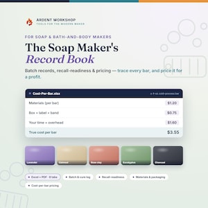 Soap Making Batch Log & Recall-Readiness Lot Tracker | Cold Process Soap Inventory Spreadsheet + Cost-Per-Bar Calculator | Excel + PDF