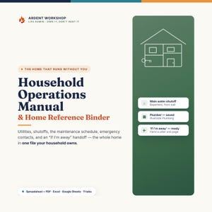 Household Operations Manual, Home Reference Binder, Utilities, Maintenance, Emergency Contacts, House Sitter Info, Excel & Google Sheets