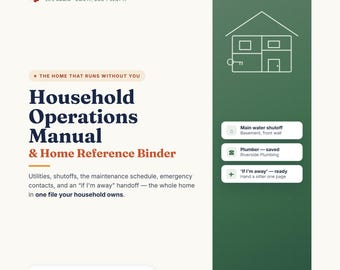 Household Operations Manual, Home Reference Binder, Utilities, Maintenance, Emergency Contacts, House Sitter Info, Excel & Google Sheets