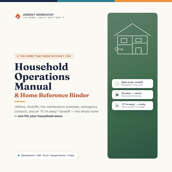 Household Operations Manual, Home Reference Binder, Utilities, Maintenance, Emergency Contacts, House Sitter Info, Excel & Google Sheets