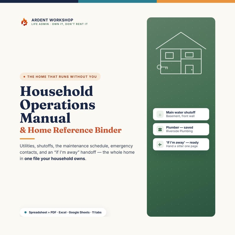 Household Operations Manual, Home Reference Binder, Utilities, Maintenance, Emergency Contacts, House Sitter Info, Excel & Google Sheets Bild 1