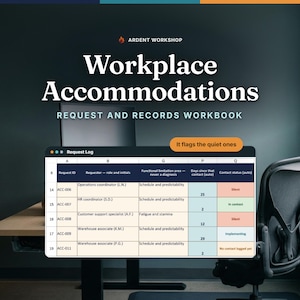 Może przedstawiać: Cyfrowy skoroszyt zatytułowany Workplace Accommodations Request and Records Workbook od Ardent Workshop. Zawiera arkusz kalkulacyjny Request Log z kolumnami dla identyfikatora żądania, wnioskodawcy, ograniczenia i statusu.