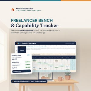 May include: A digital spreadsheet template titled Freelancer Bench & Capability Tracker by Ardent Workshop. The interface displays a capability matrix for contractors, a staffing finder tool for UX/UI roles, and includes Excel and Google Sheets compatibility.