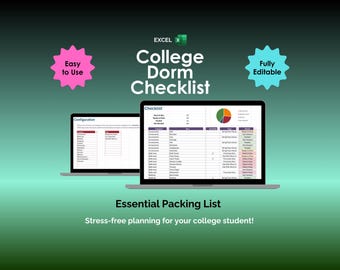 College Dorm Checklist Excel Tool - Freshman Packing List, First Year Student Essentials, Dormitory Move In List, University Dorm Room List