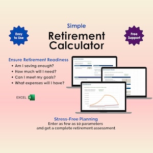 May include: Image of a simple retirement calculator displayed on three laptops. The text includes "Ensure Retirement Readiness" and "Stress-Free Planning." The background is a gradient of pink and white, with blue and purple starburst icons.