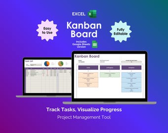 Kanban Board Excel Project Management Spreadsheet Task Tracker Workflow WIP Agile Scrum Template Project Planner Business Team