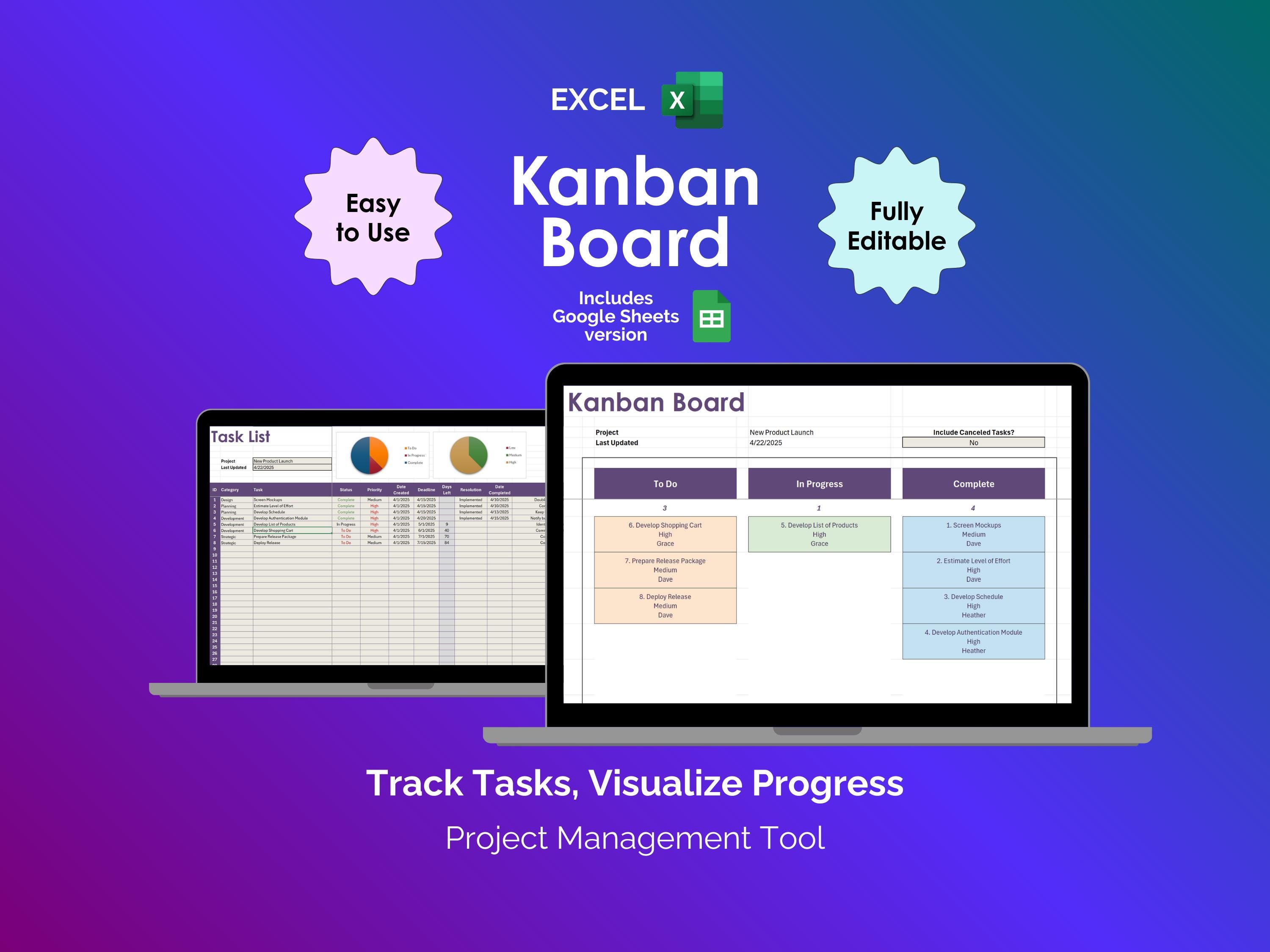 Kanban Board Excel Project Management Spreadsheet Task Tracker Workflow ...
