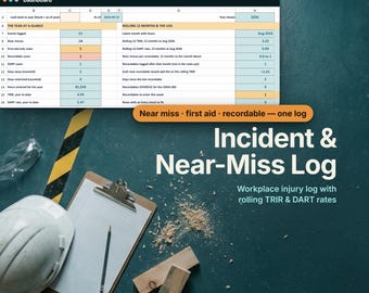 May include: A digital spreadsheet dashboard titled Incident & Near-Miss Log by Ardent Workshop, displaying workplace safety metrics like TRIR and DART rates. The image includes a white hard hat, a clipboard with a pencil, and wood scraps.