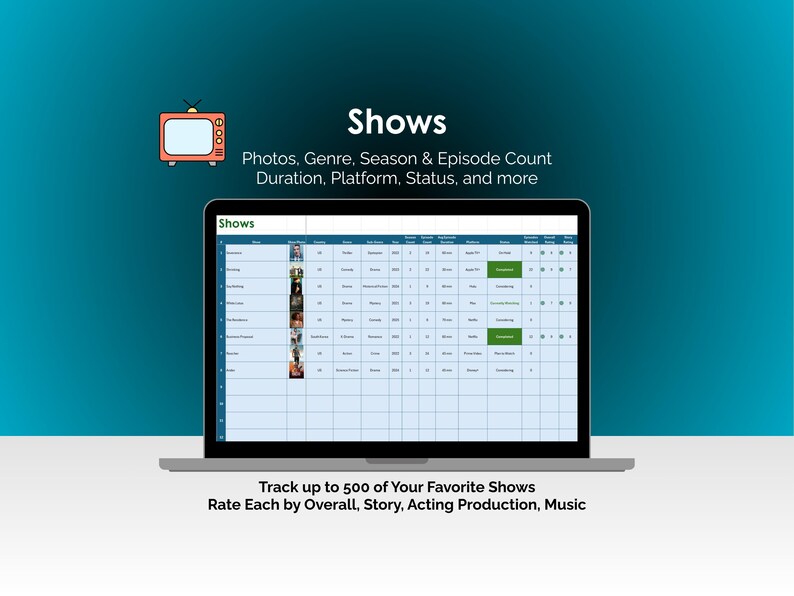 TV Show Tracker Excel Spreadsheet Episode Log Actor Tracking Critic ...