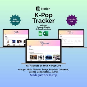 K-Pop Tracker Notion Template - Digital Fandom Planner, Korean Pop Music, K-Pop Database, K-Pop Groups, K-Pop Idols, BTS ARMY, BLINK Tracker