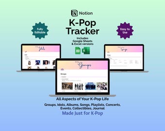 K-Pop Tracker Notion Template - Digitaler Fandom Planer, koreanische Popmusik, K-Pop Gruppen, K-Pop Idole, BTS ARMY, BLINK Tracker
